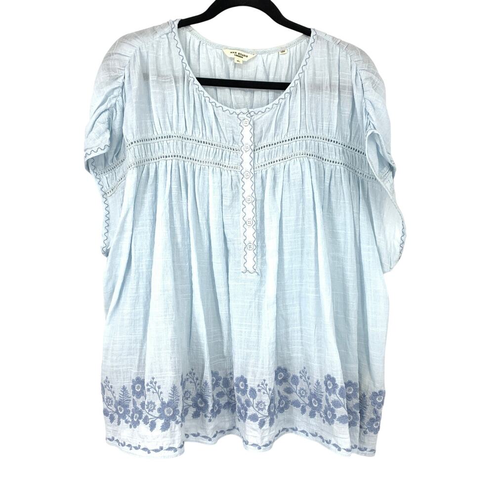 Max Studio London Top Womens XL Light Blue Floral Embroidered Hem Button Placket